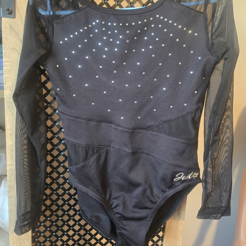 Justice- Black Long Sleeve Leotard with Rhinestones & Sheer Sleeves & Sides